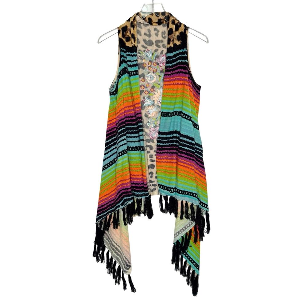 Crazy Train Womens Multicolor Leopard Print Kimono OS Boho Fringe Maximalist